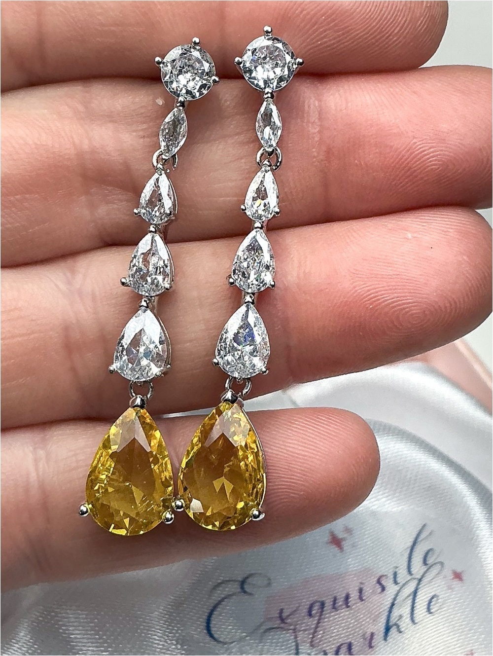 Canary Yellow Pear Cut Crystal  Teardrop Long Earrings Silver Tone CZ